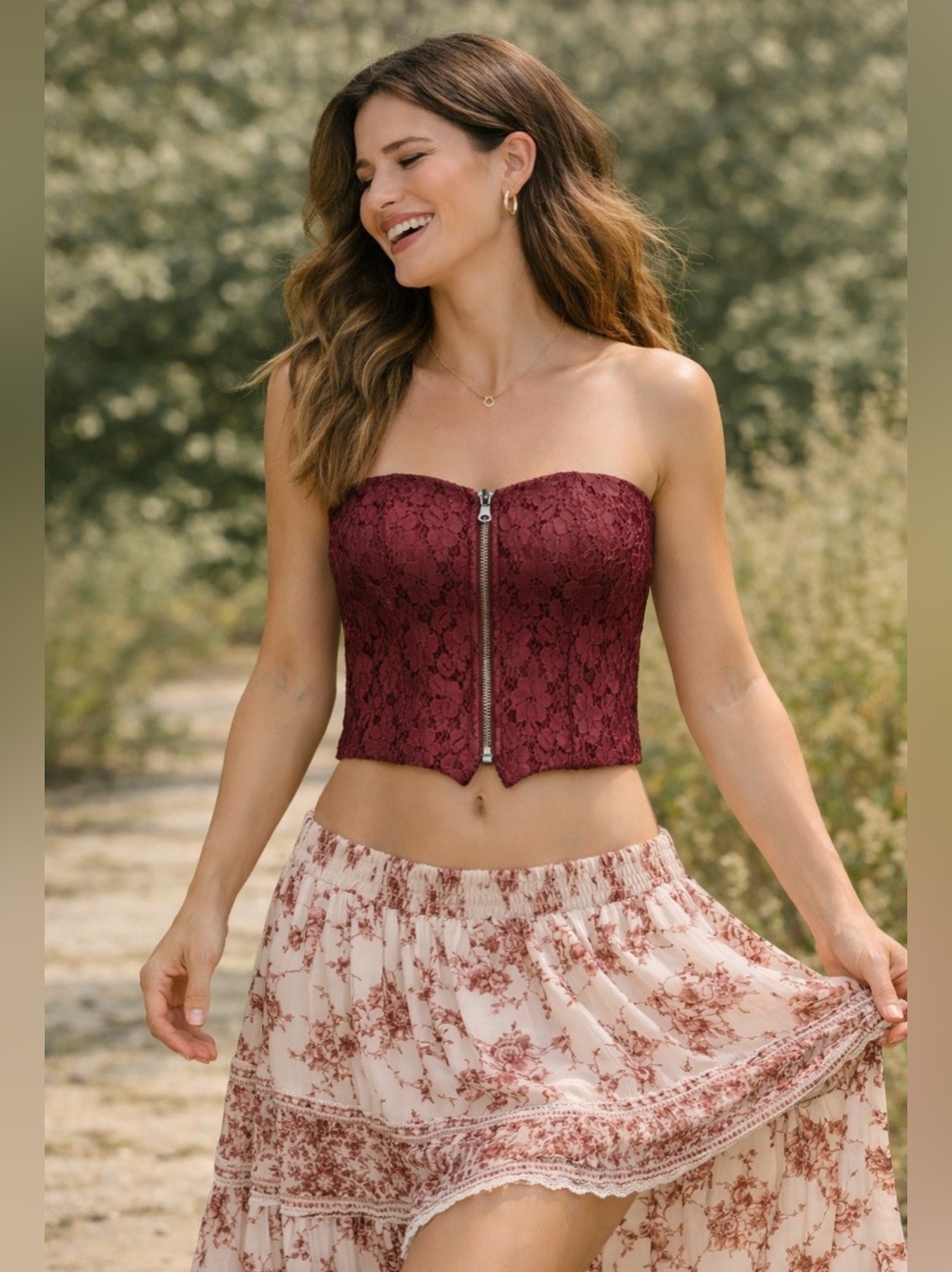Y2K Strapless Lace Bust Front Zip Tube Top Burgundy